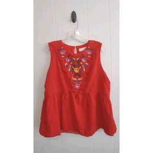 Time & Tru Red Floral Embroidered Peplum Tank Top Size Large